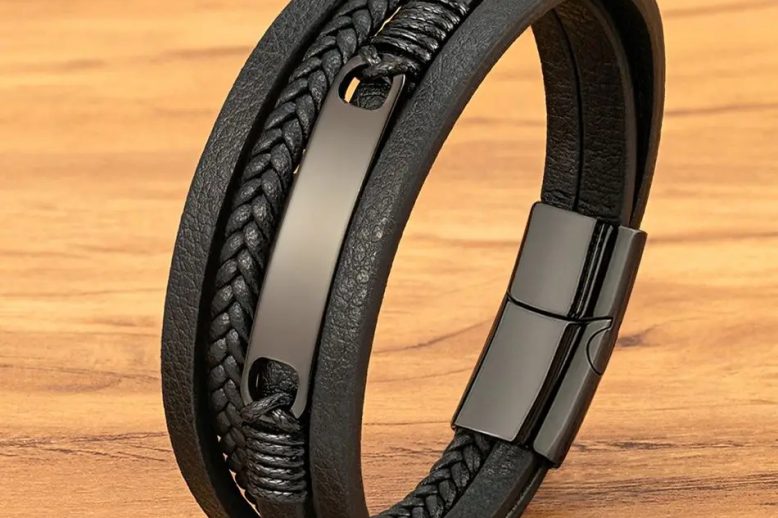 Men cool trend stainless steel buckle leather wristband (1)