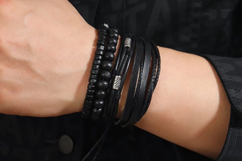 Men leather bracelet multi layer set leather wristband (6)