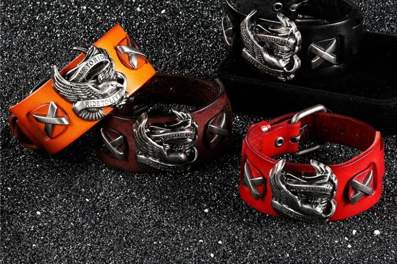 Men punk gothic rock wide cuff leather wristband (4)