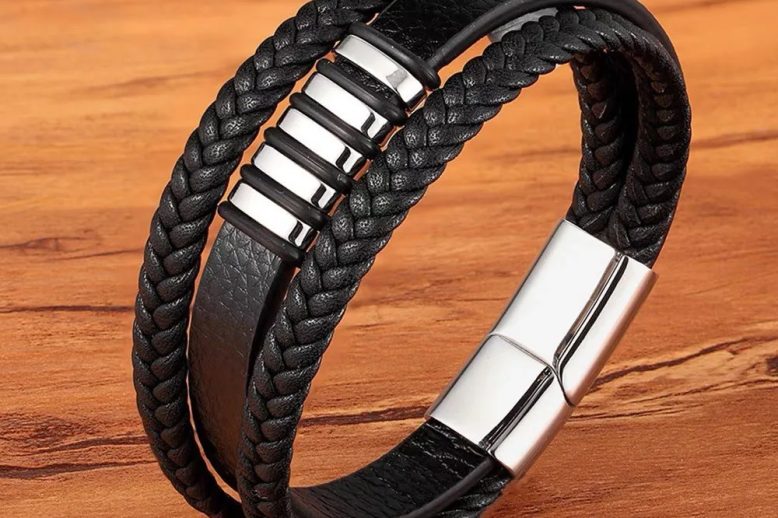 Men stainless steel punk style design leather wristband (3)