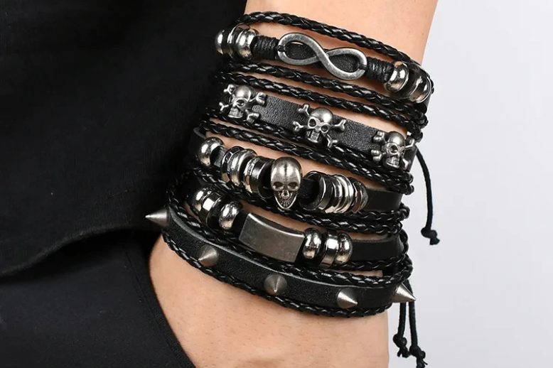 Metal leaf litter punk hand braided wrap leather wristband (2)