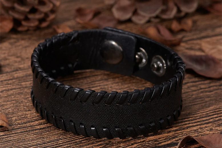 Vintage black brown braided wide wrap leather wristband (1)