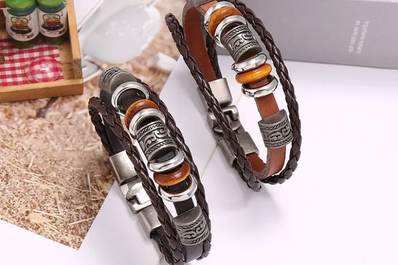 Vintage leather woven one size men bracelet wristband (2)