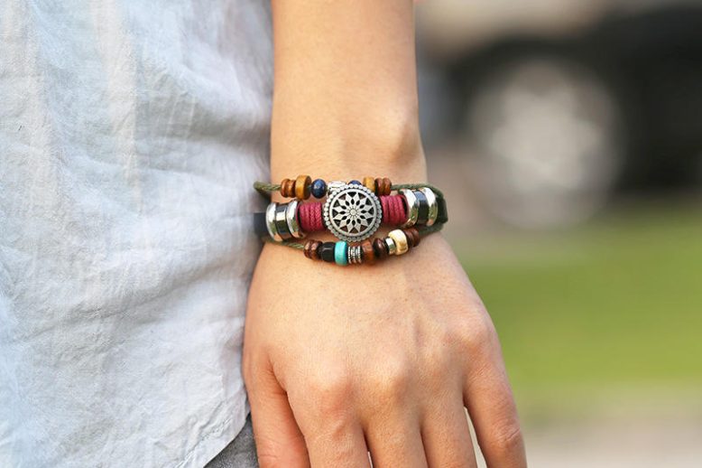 New design vintage punk beads woven leather wristband (1)
