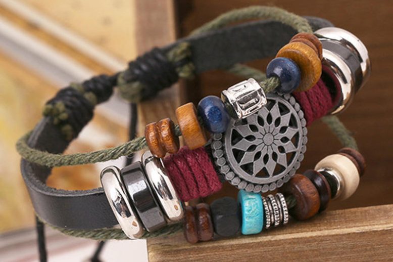 New design vintage punk beads woven leather wristband (3)