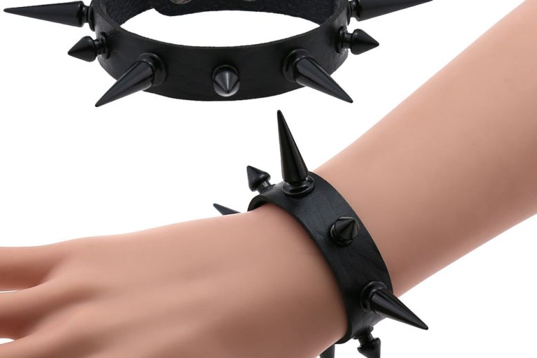 Punk gothic rock black spikes rivet leather wristband (1)
